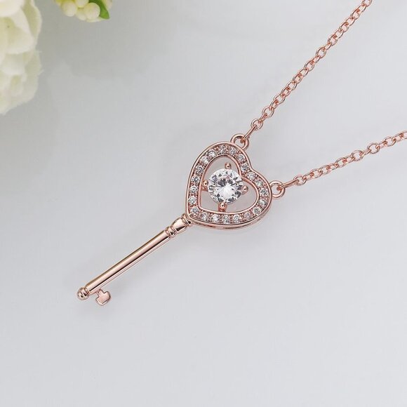 🔥 Key Hollow Heart Zircon Micro Pave Rose Gold Plated Necklace, EVGG1101 - Picture 5 of 8